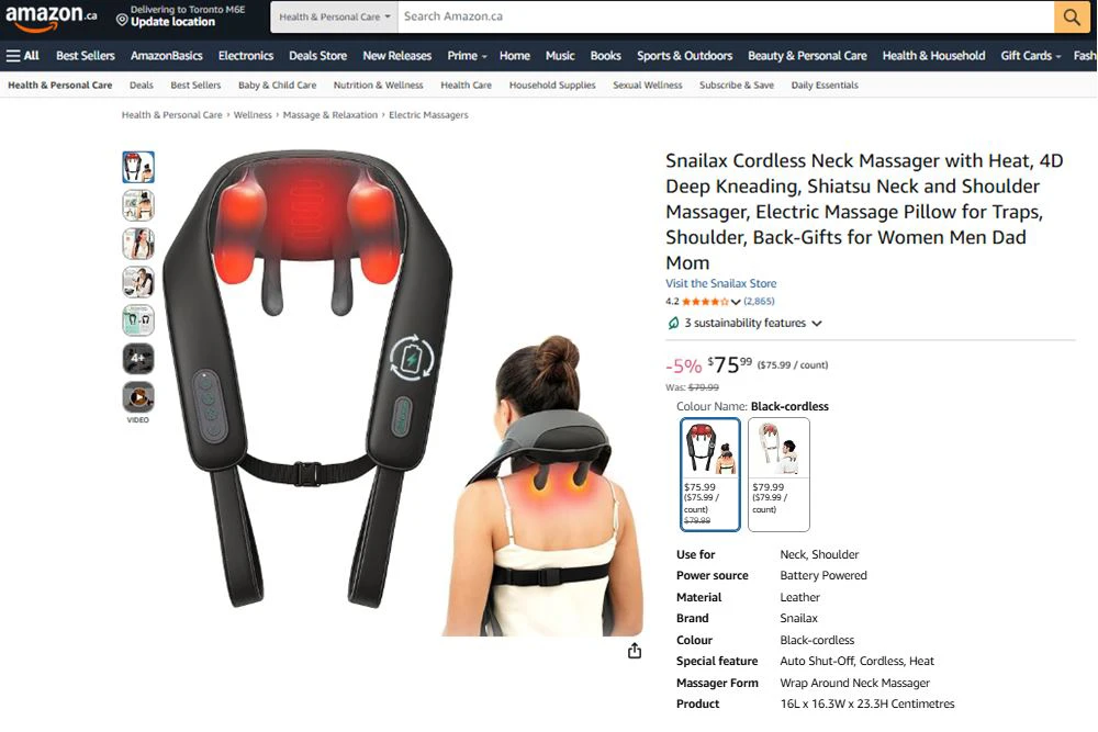Snailax -Neck & Shoulder Massager with Heat, Kneading, Cordless🏆