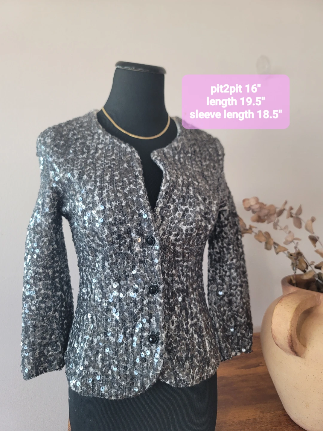 Etcetera Shimmering Sequin Knit Cardigan Mob Wife Sz XS Cotton - photo 3