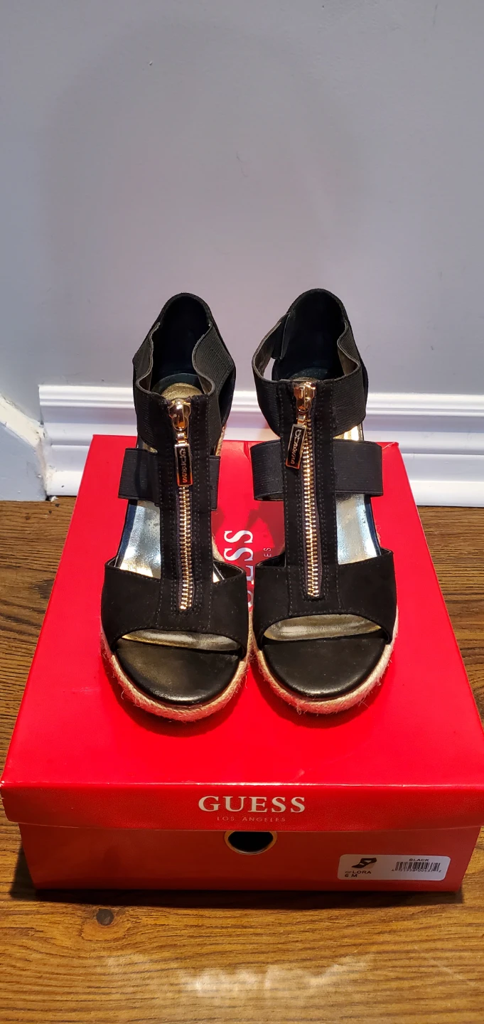 Guess Black Wedge Sandals with Gold Zipper Sz 6