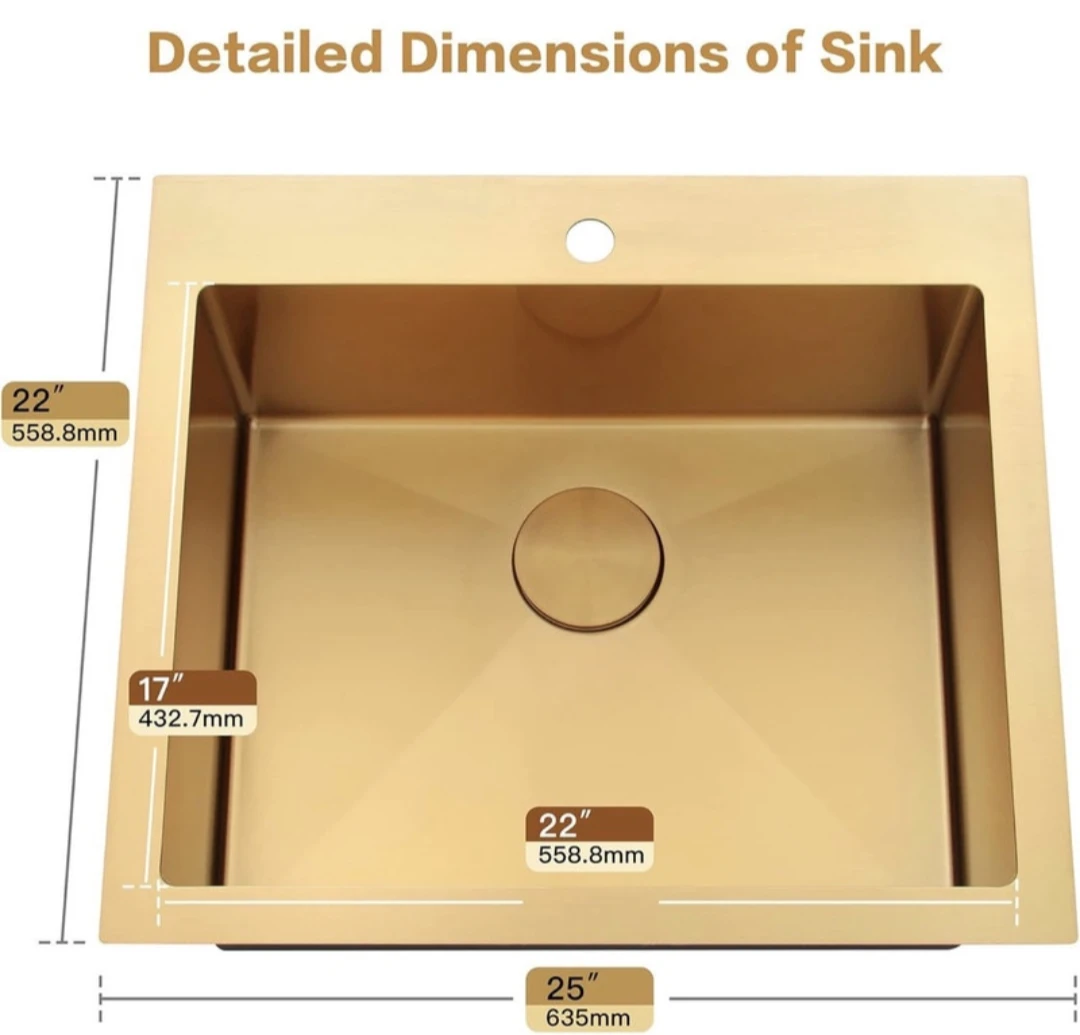 Gold Kitchen Sink 25" x 22" x 10" Stainless Steel Drop-In NEW - photo 3