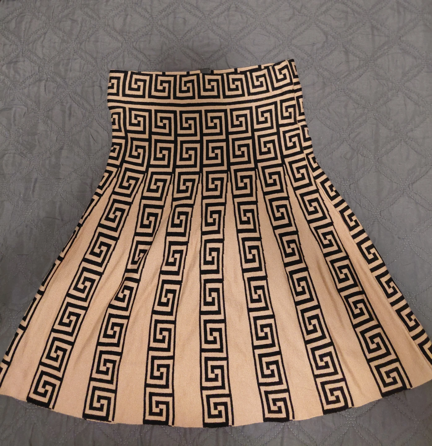 Tan and Black Greek Key Pleated Mini Skirt