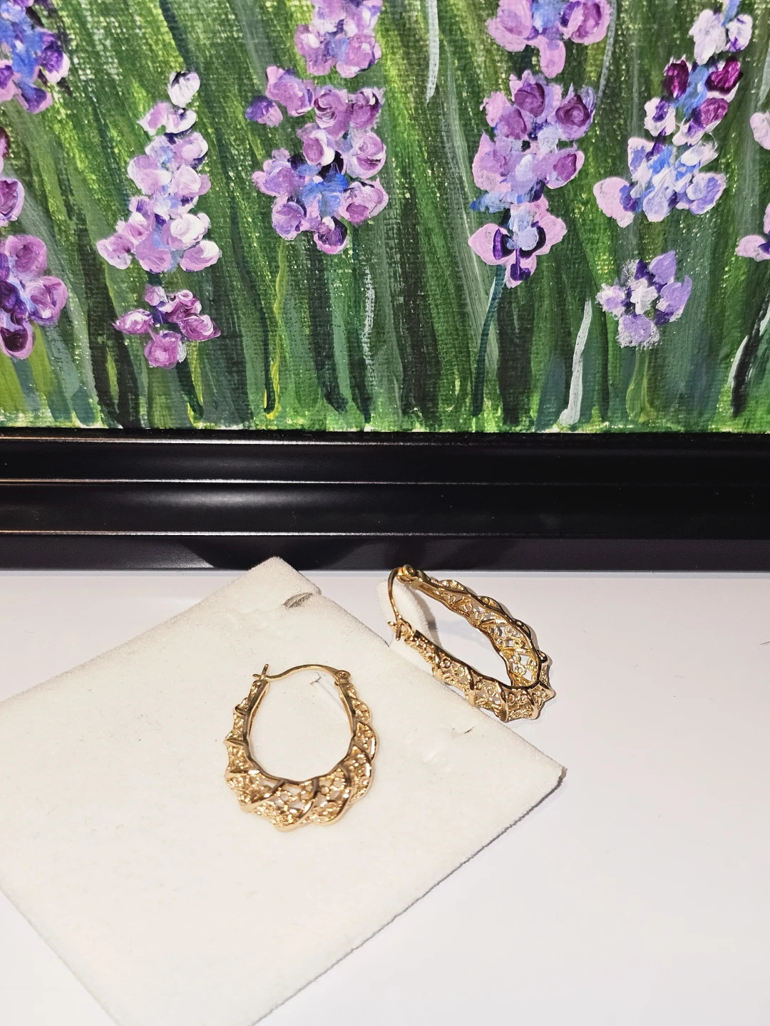 Gold Tone Oval Filigree Hoop Earrings