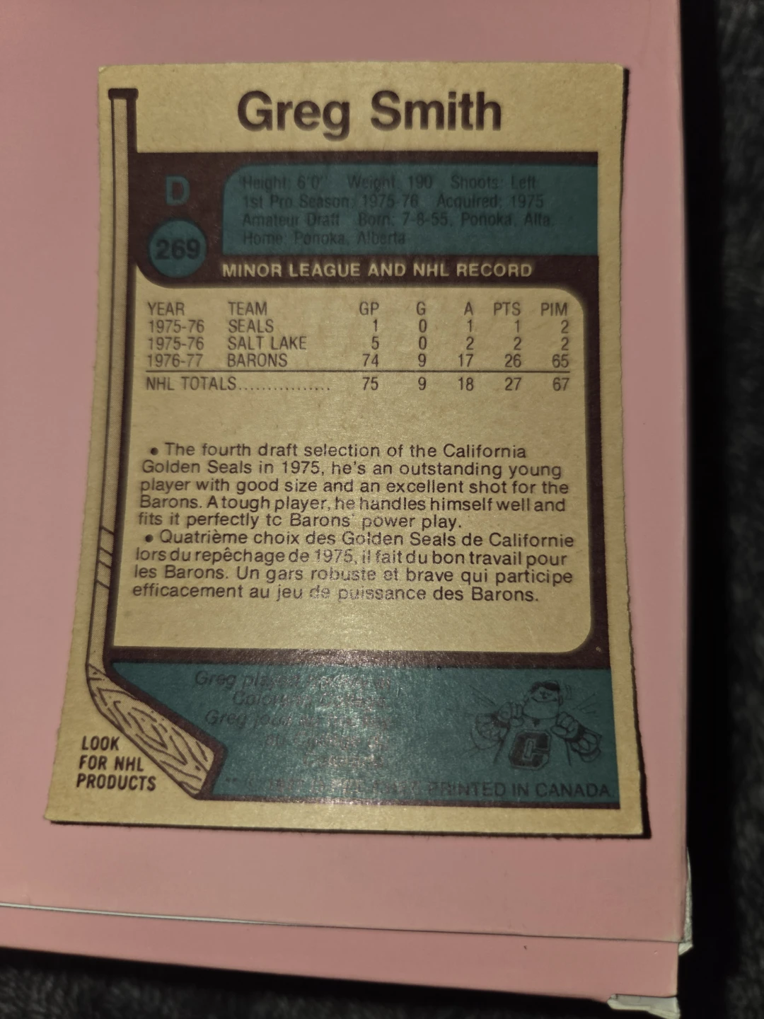 1975-76 O-Pee-Chee Greg Smith Hockey Card with stats - photo 2