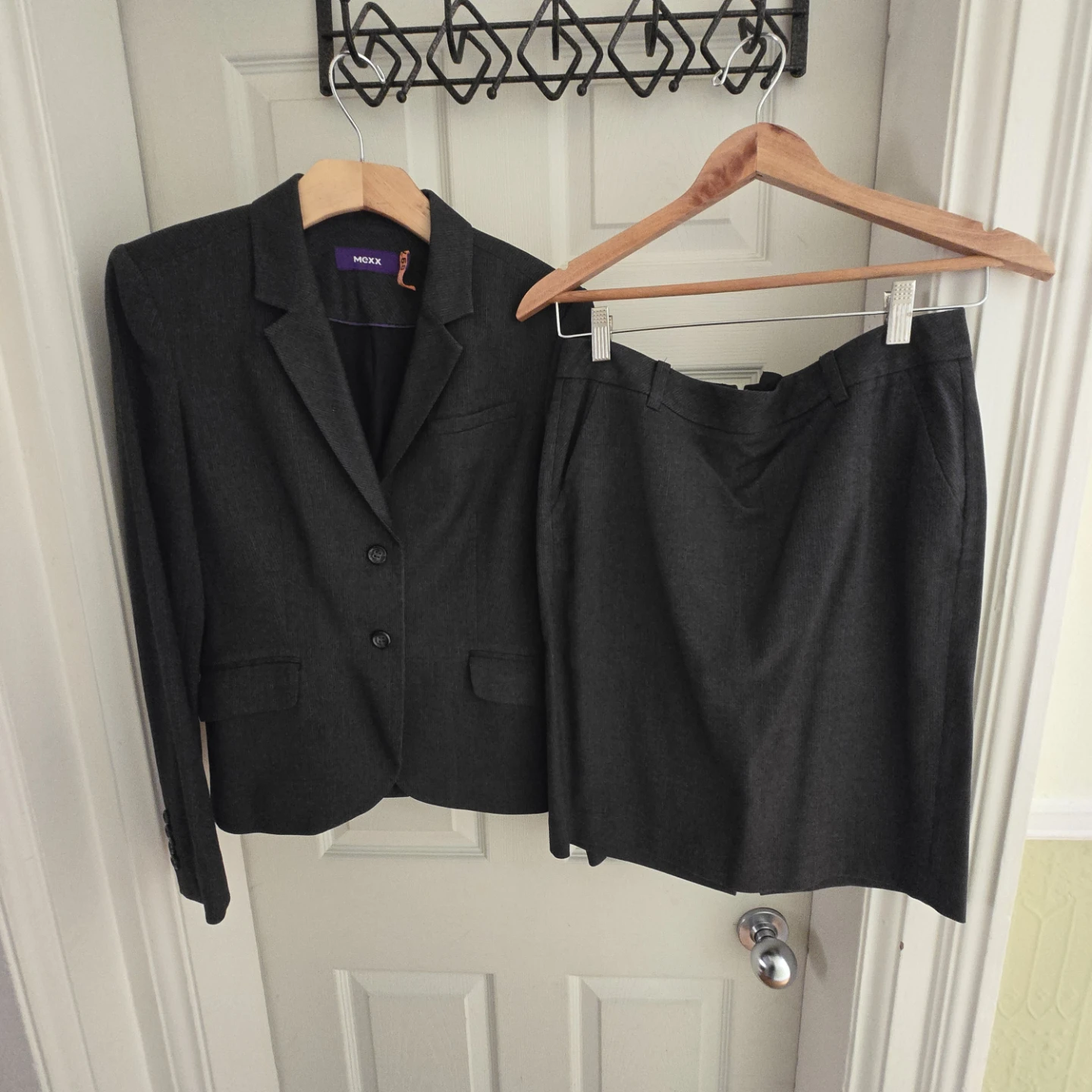 Mexx Women's Dark Grey Pinstripe Blazer and Skirt Set - Size 36