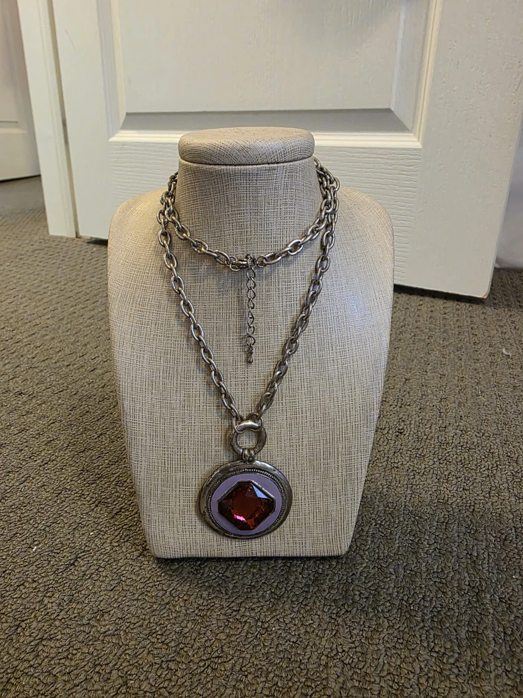 Silver Tone Pendant Necklace with Purple Red Gem - photo 2