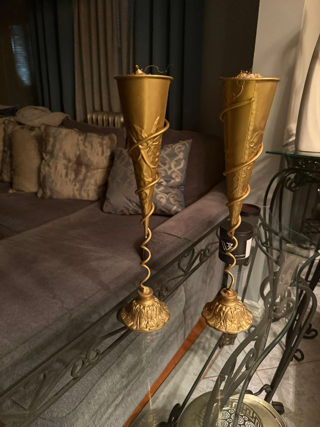 Pair of Gold Trumpet Horn Candle Holders