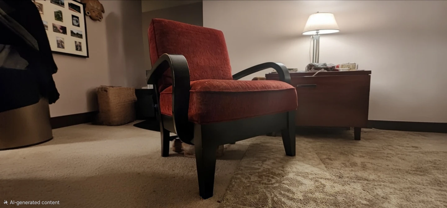 Red Armchair with sturdy wooden dark brown base