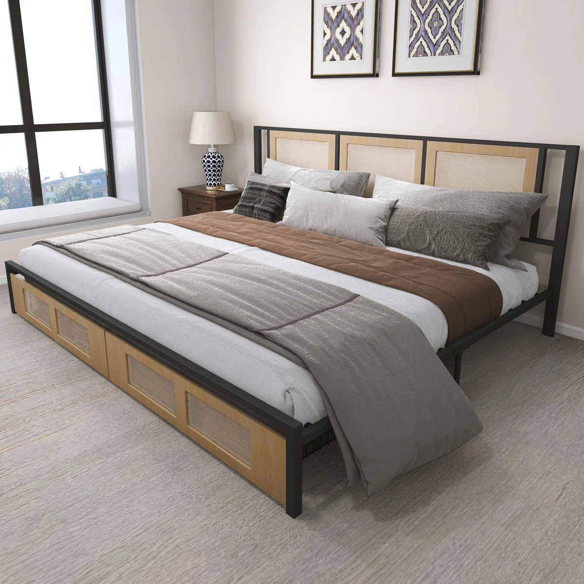 King Size Metal Bed Frame with Woven Headboard