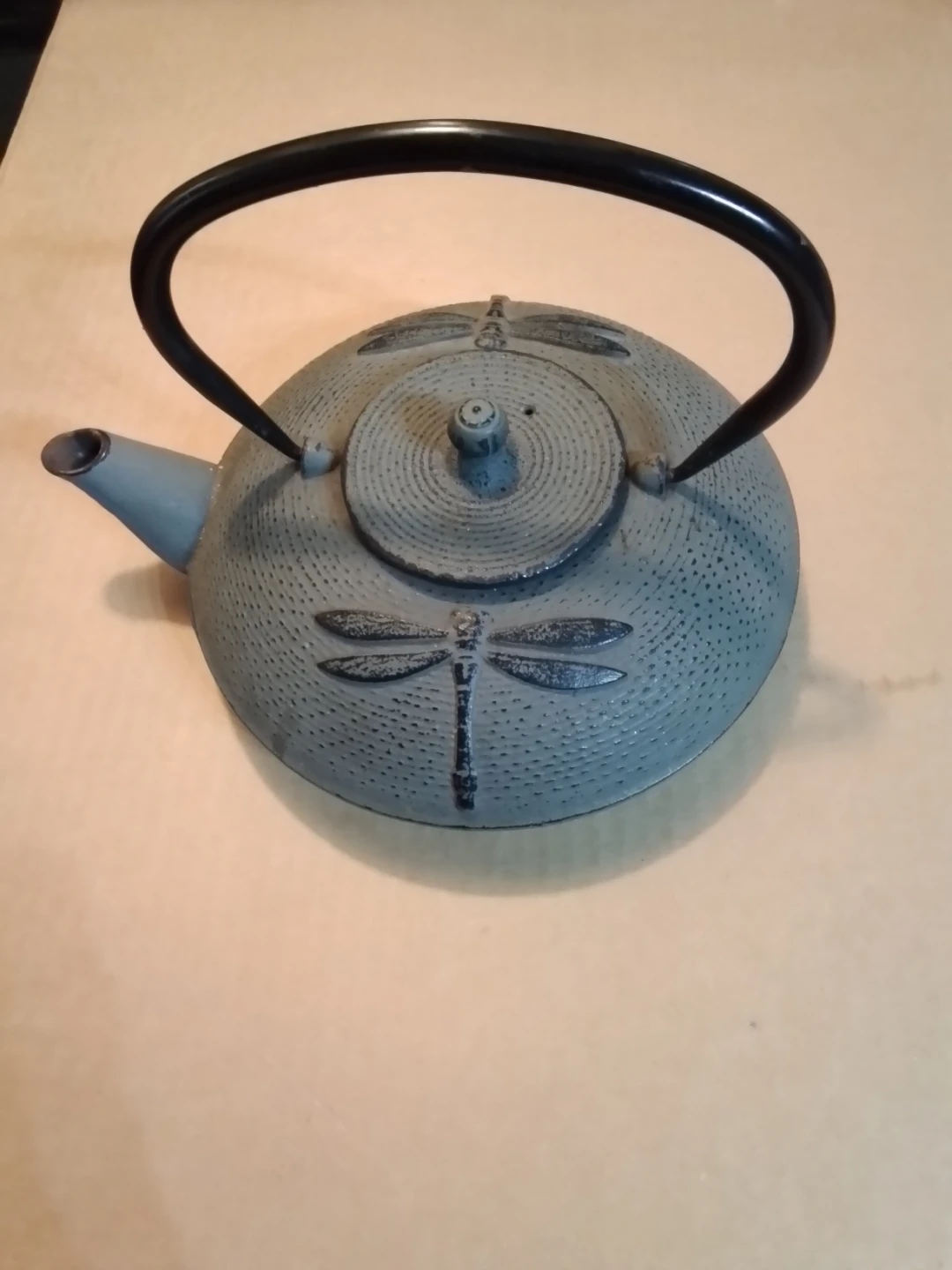 Cast Iron Teapot with Dragonfly Motif, Gray/Black