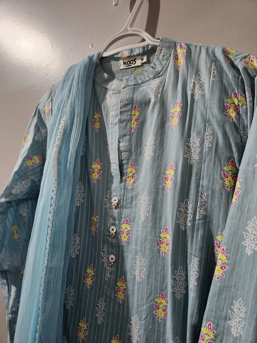 Kaas by Ideas 3-Piece Blue Printed Kurti Set - Size M - photo 3