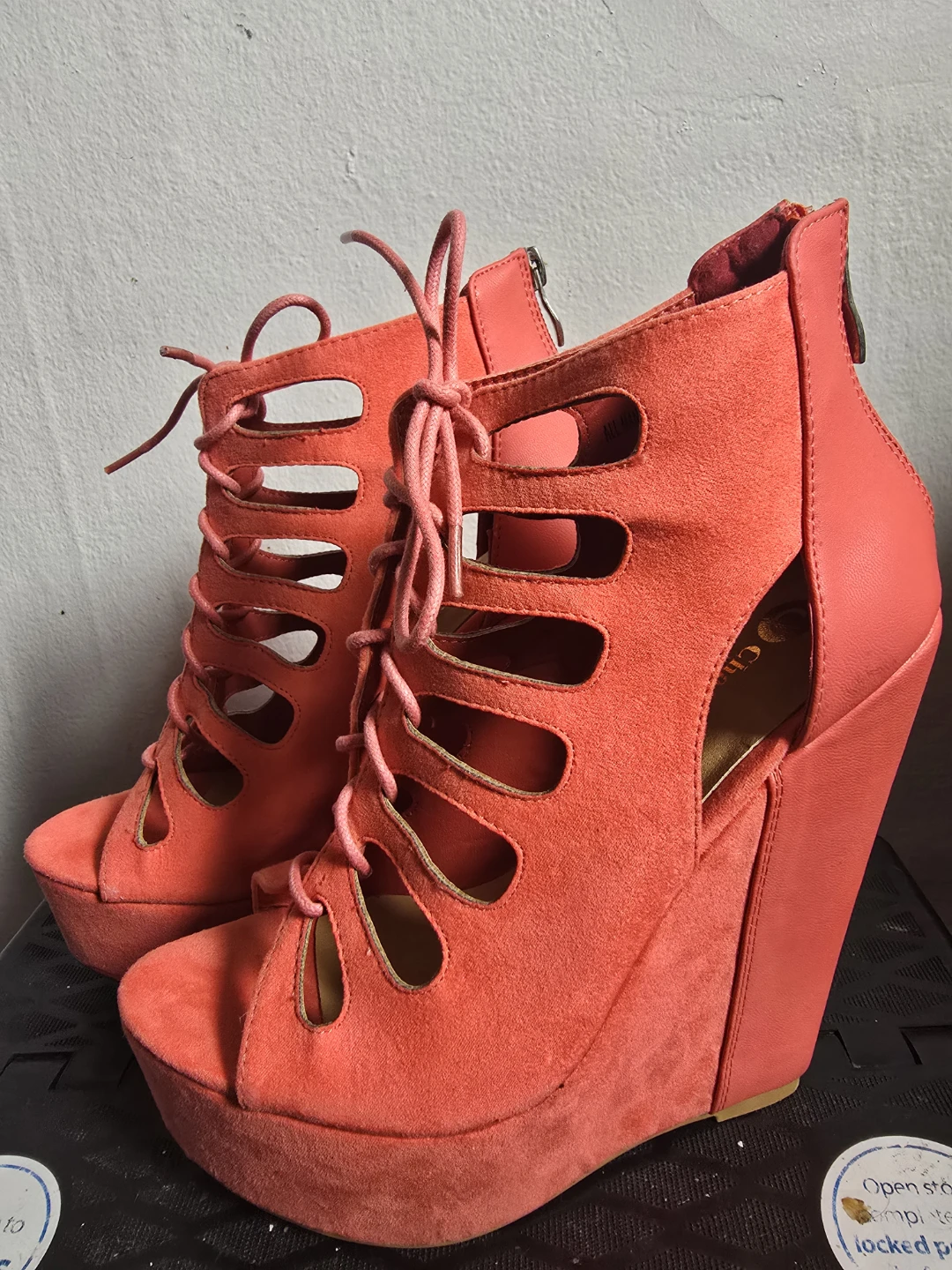 Charlotte Russe Coral Suede Lace-Up Wedge Heels Size 6.5