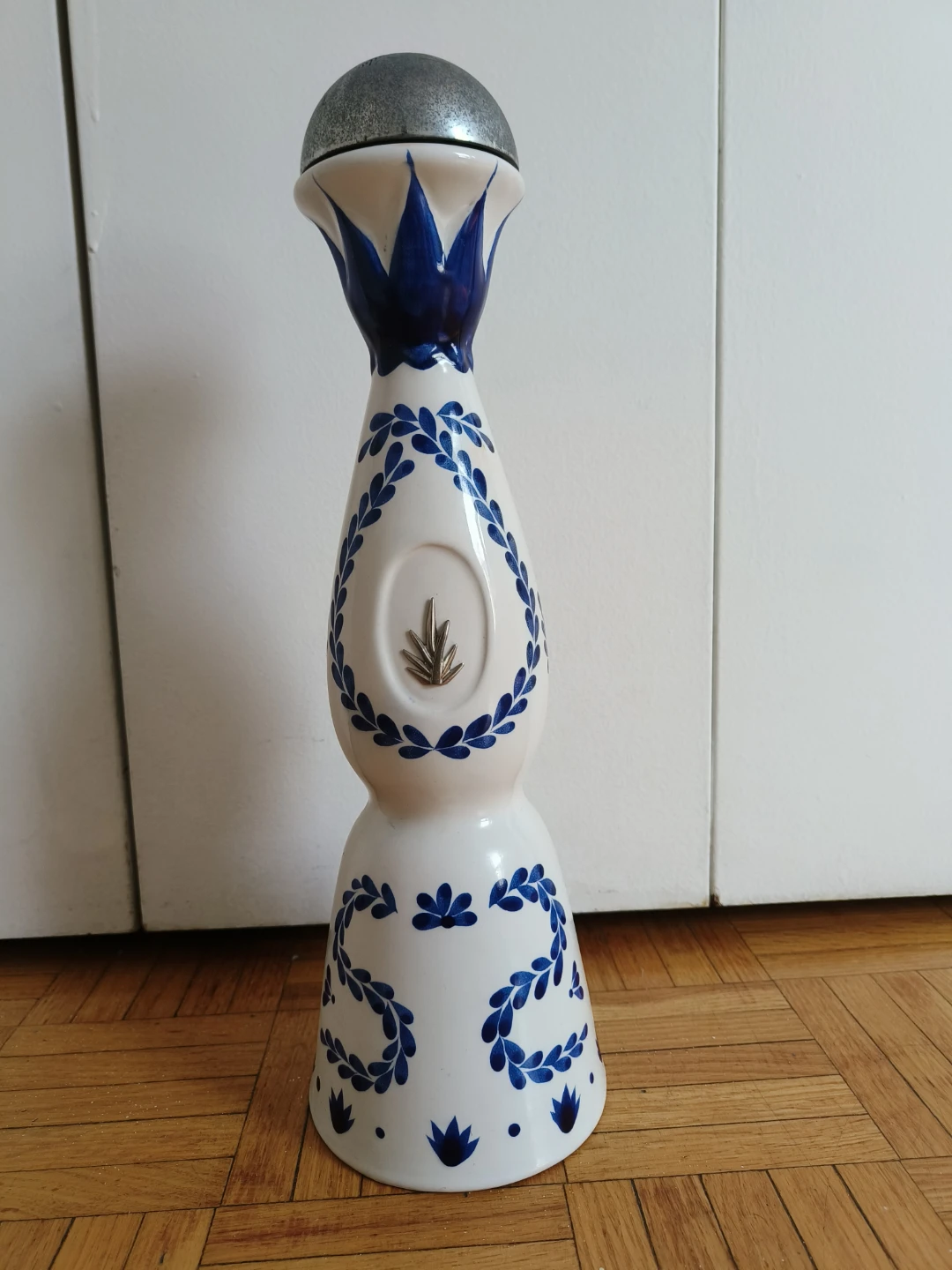 Patron Tequila Bottle White Blue Floral Design