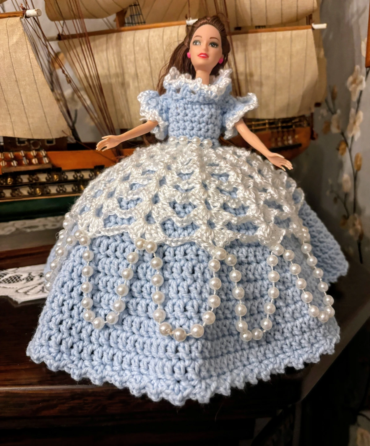 Crocheted Doll Dress with Pearls