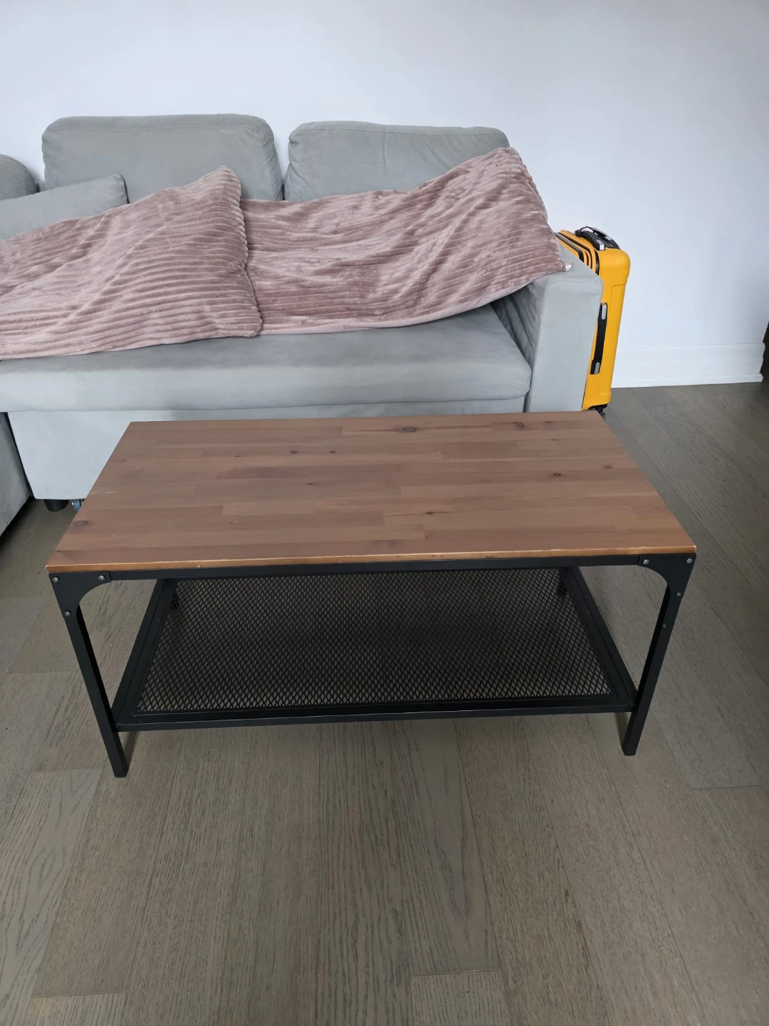 Wooden Top Coffee Table with Metal Shelf