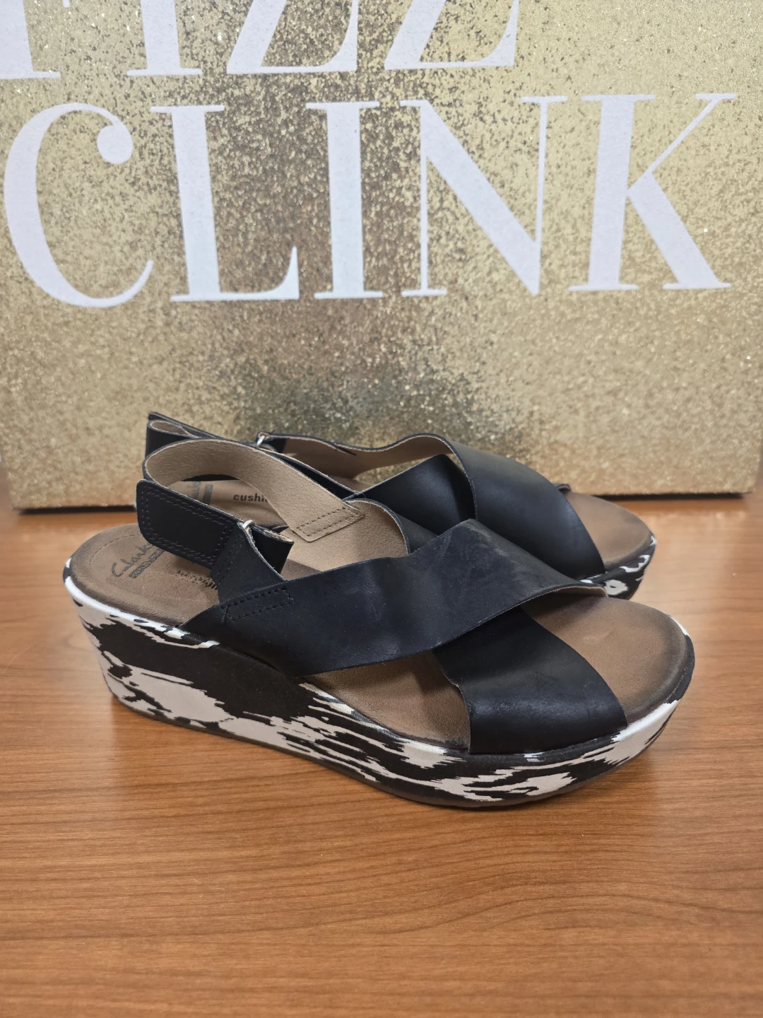 Clarks Black Leather Strappy Wedge Sandals