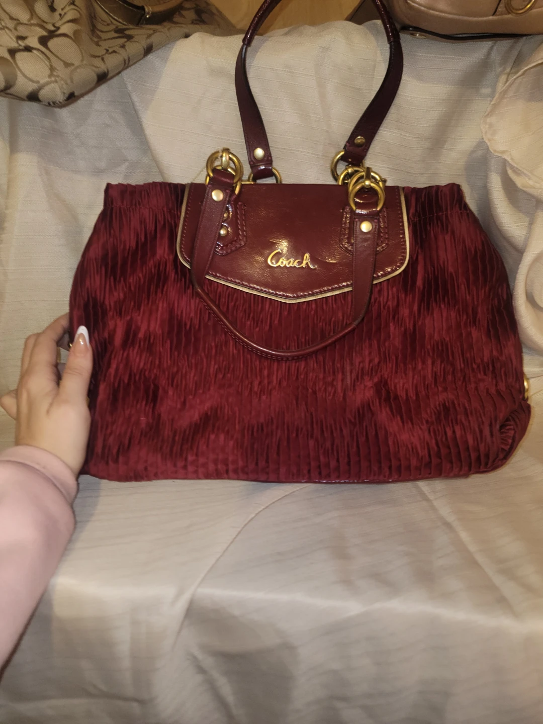 Coach Red Crinkle Pleated Shoulder Bag