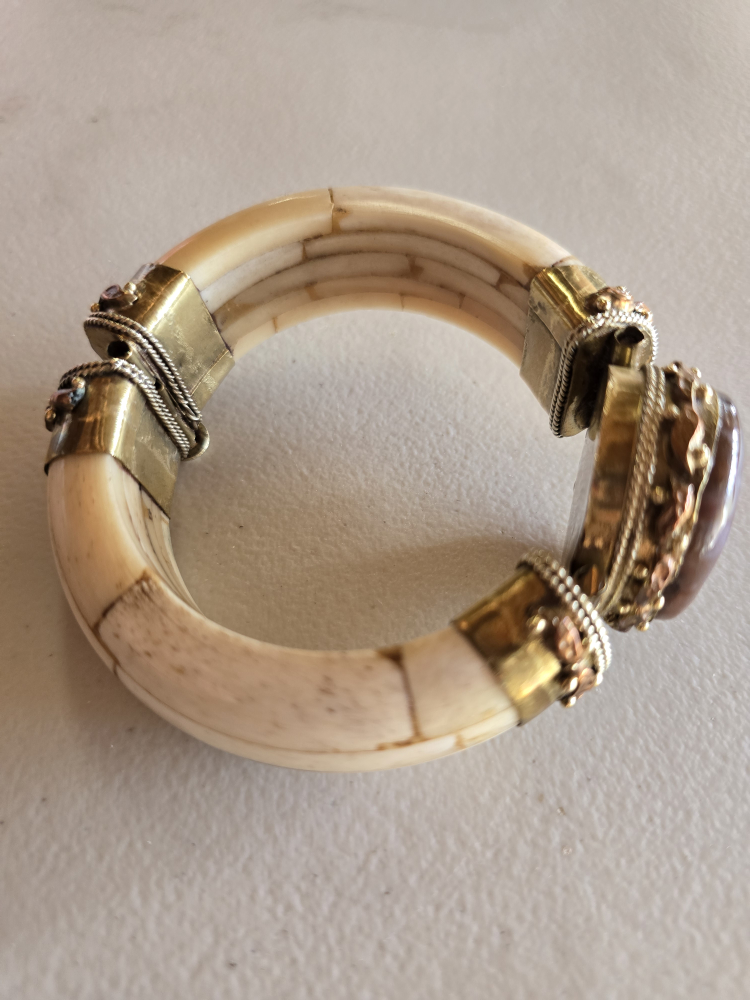 Vintage Bone and Gemstone Hinged Bangle Bracelet