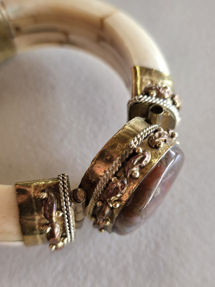 Vintage Bone and Gemstone Hinged Bangle Bracelet - photo 5