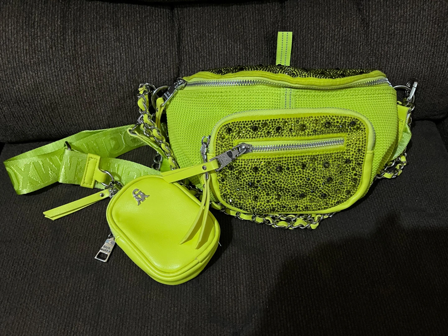 Steve Madden Neon Yellow Rhinestone Crossbody Bag with Pouch