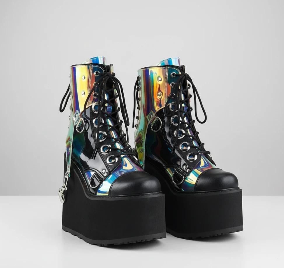 Platform Boots with Holographic Iridescent Detail. Size 11