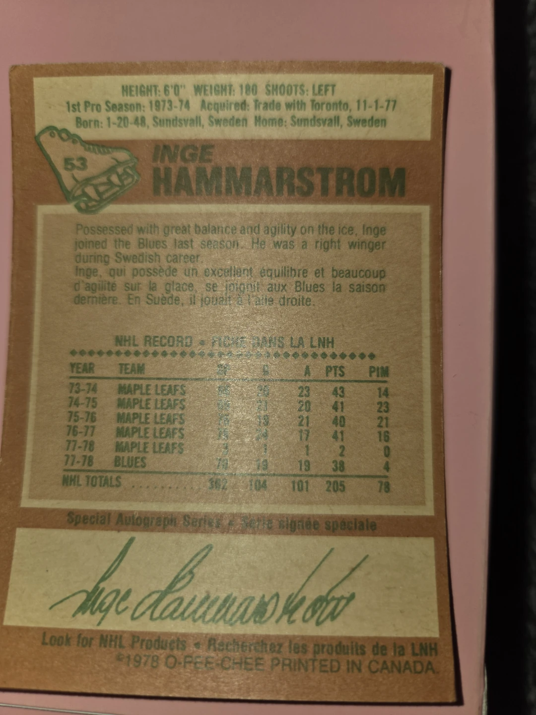 Inge Hammarstrom 1978 O-Pee-Chee Hockey Card - photo 2