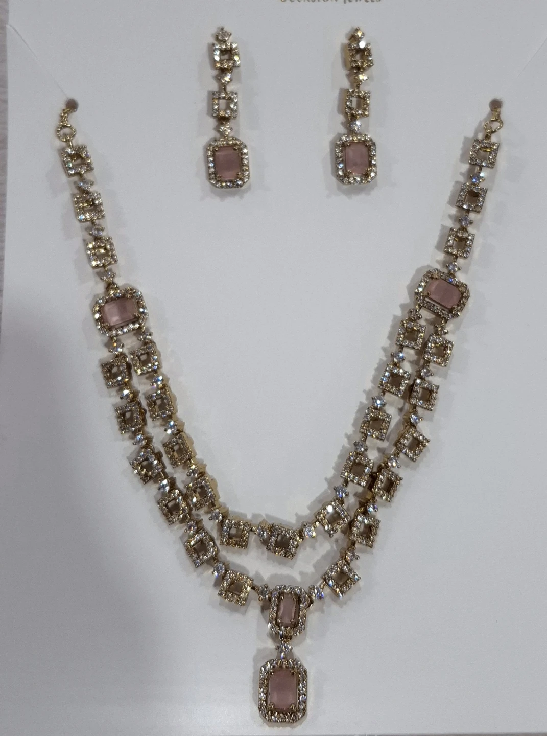 Gold-tone Necklace and Earring Set with Black and Pink Stones