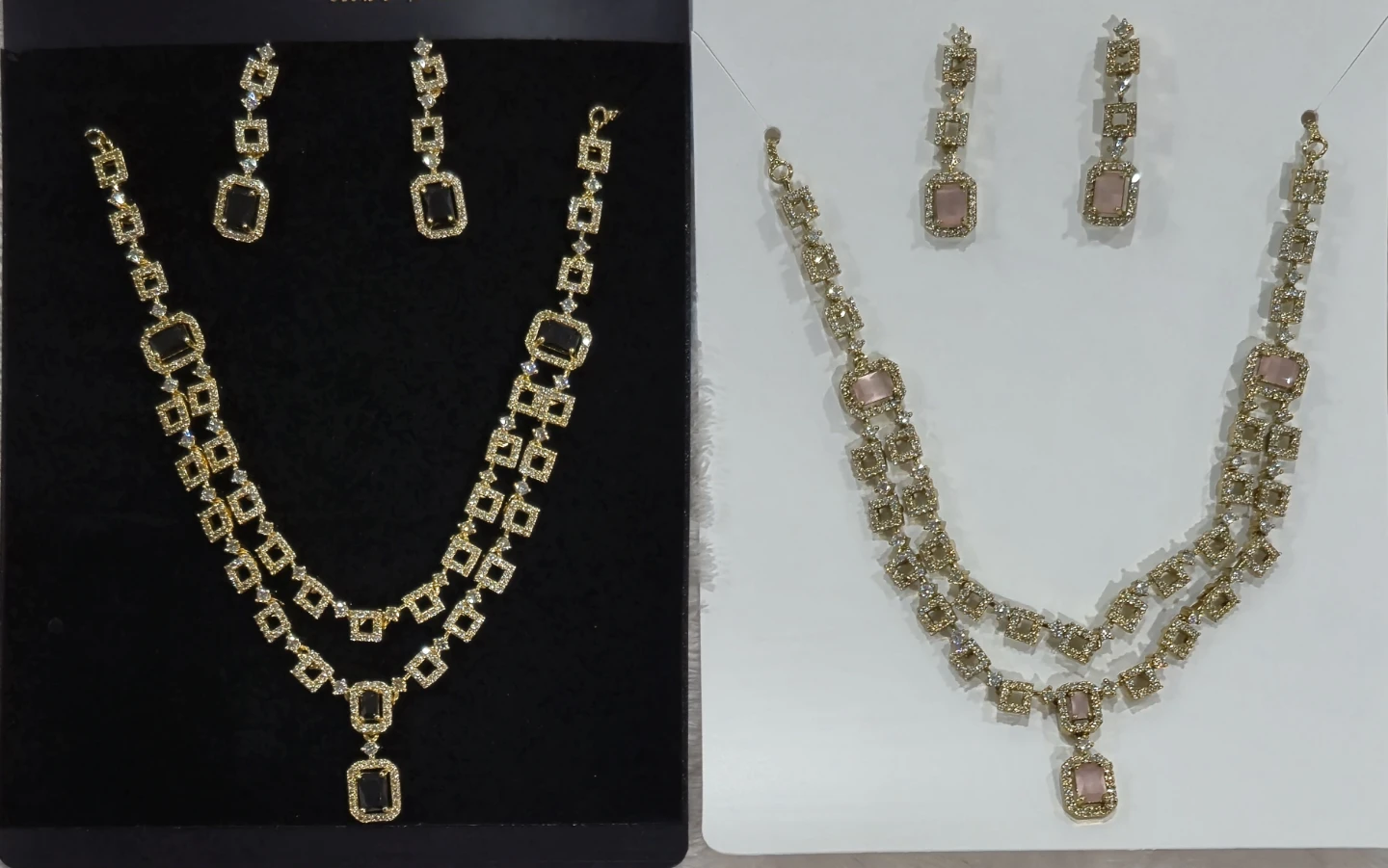 Gold-tone Necklace and Earring Set with Black and Pink Stones - photo 3