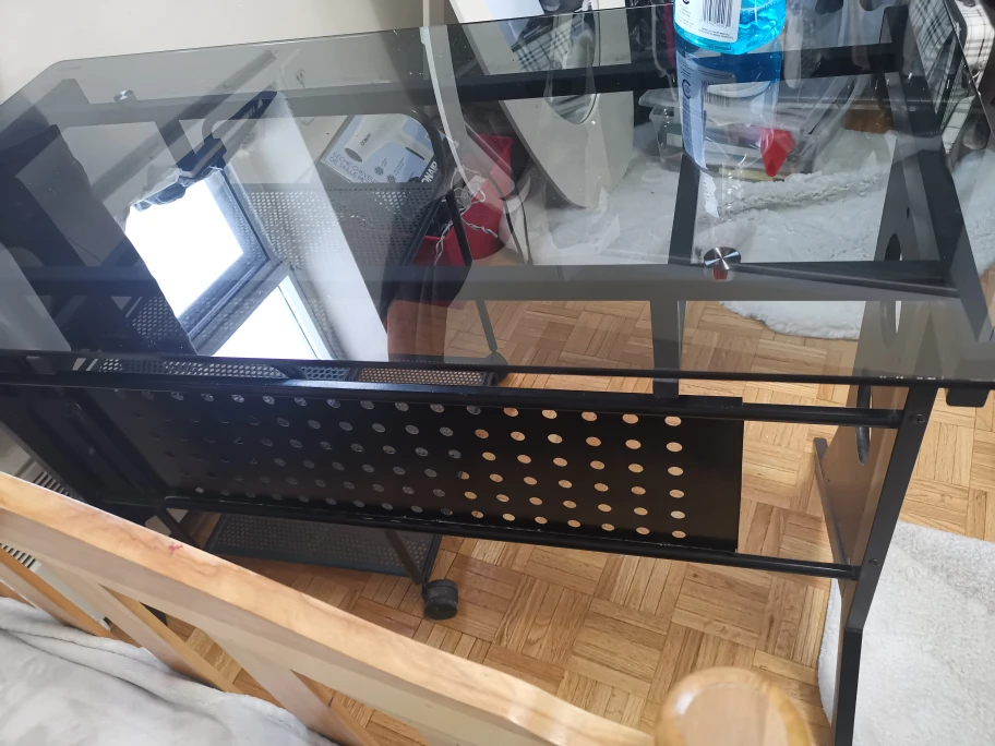 Glass Top Desk with Black Frame and Purple Seat - photo 2