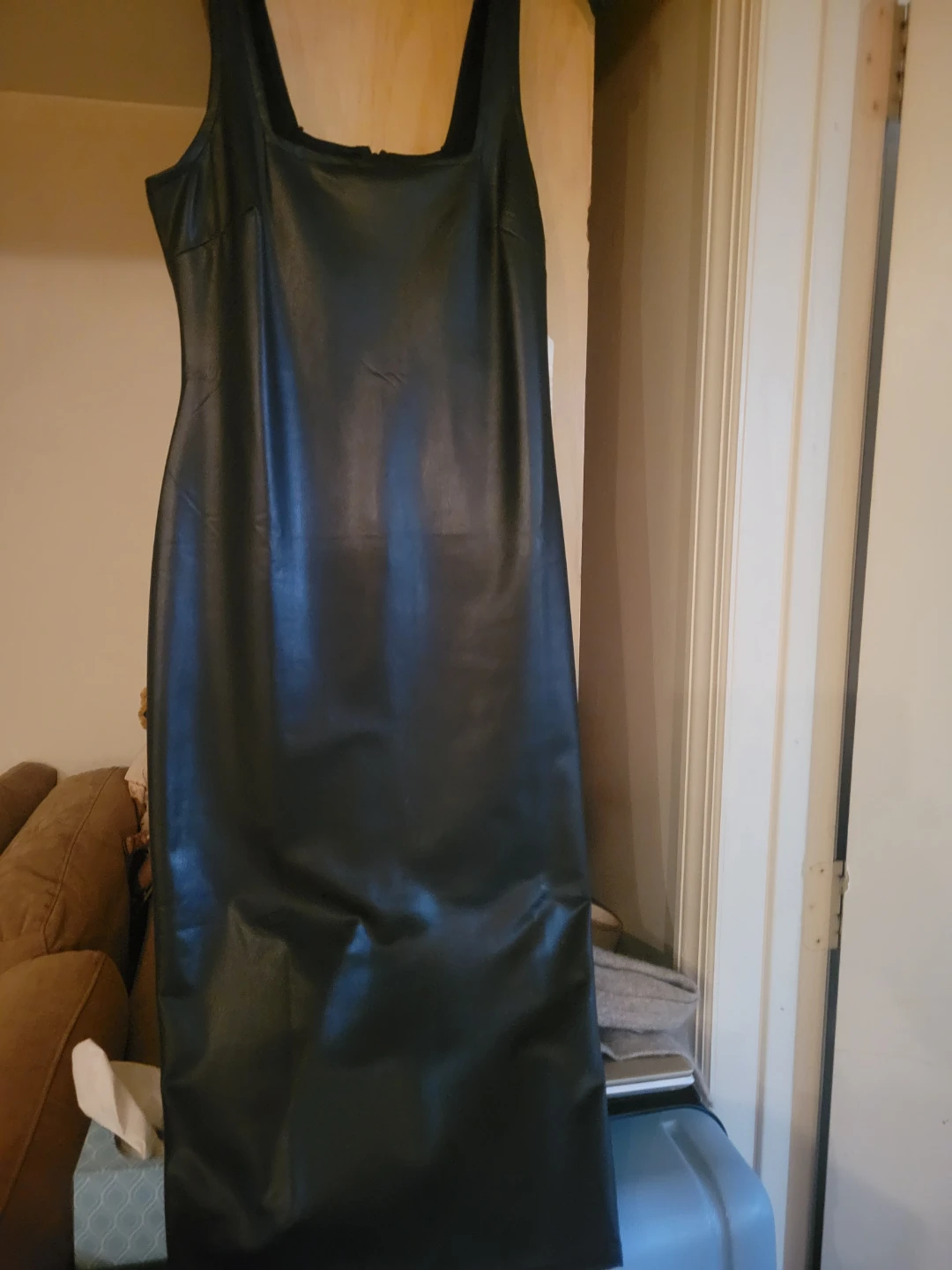 Black Faux Leather Square Neck Midi Dress - photo 2