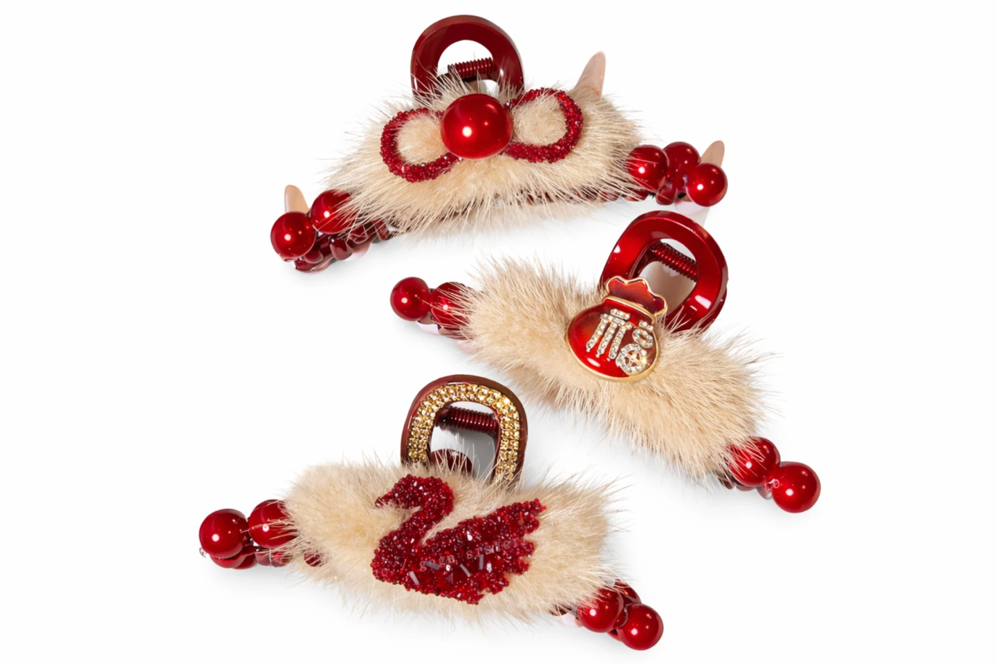 Glam Faux Fur Hair Claw Clips with Rhinestones