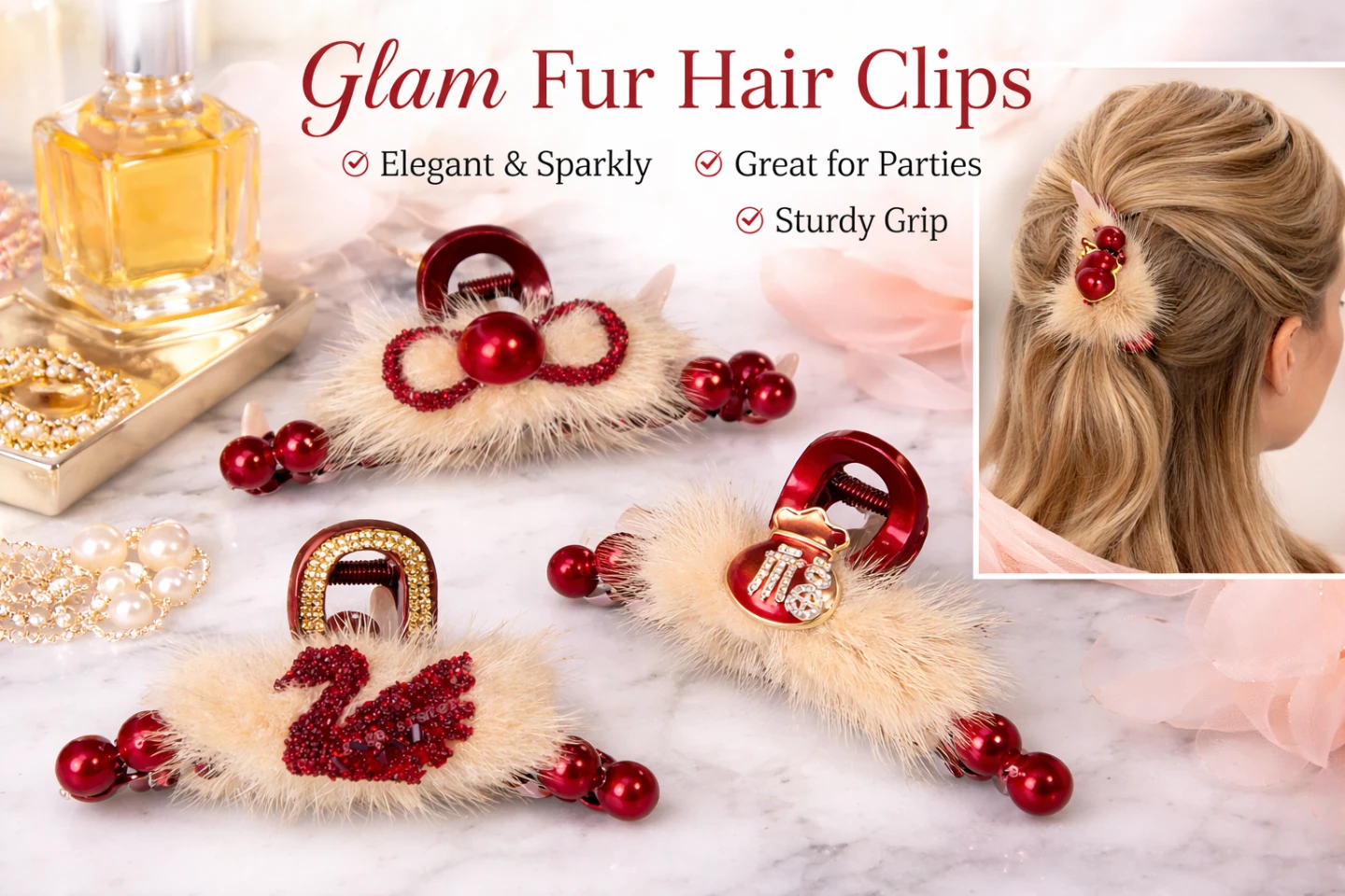 Glam Faux Fur Hair Claw Clips with Rhinestones - photo 2
