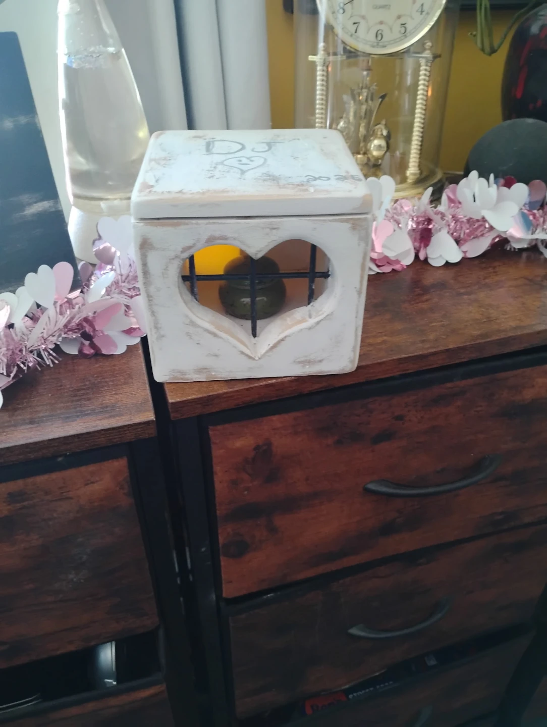 White Distressed Wooden  Lantern with Heart Cutout