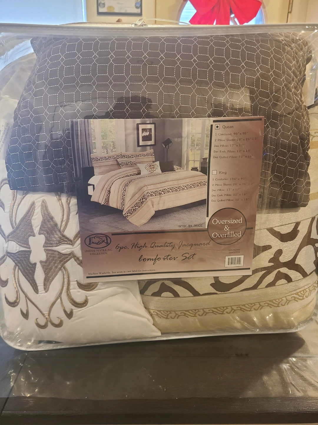 6pc Queen Size High Quality Jacquard Comforter Set - Beige