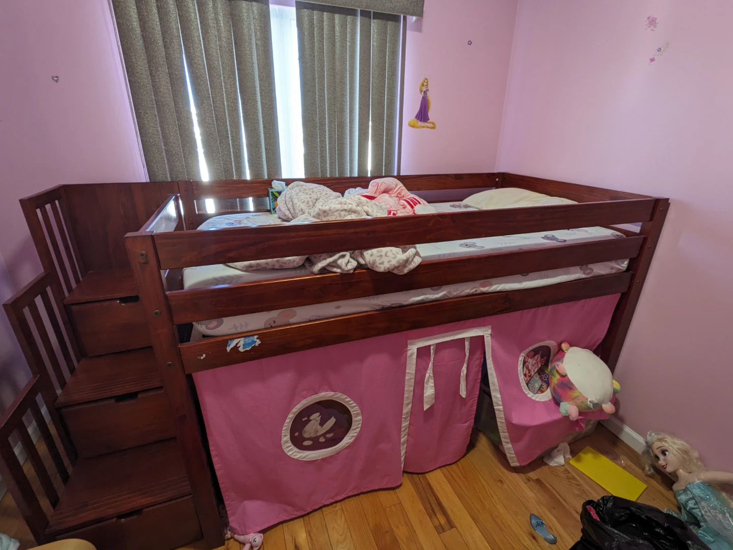 Wooden Loft Bed with Stairs and Pink Castle Tent