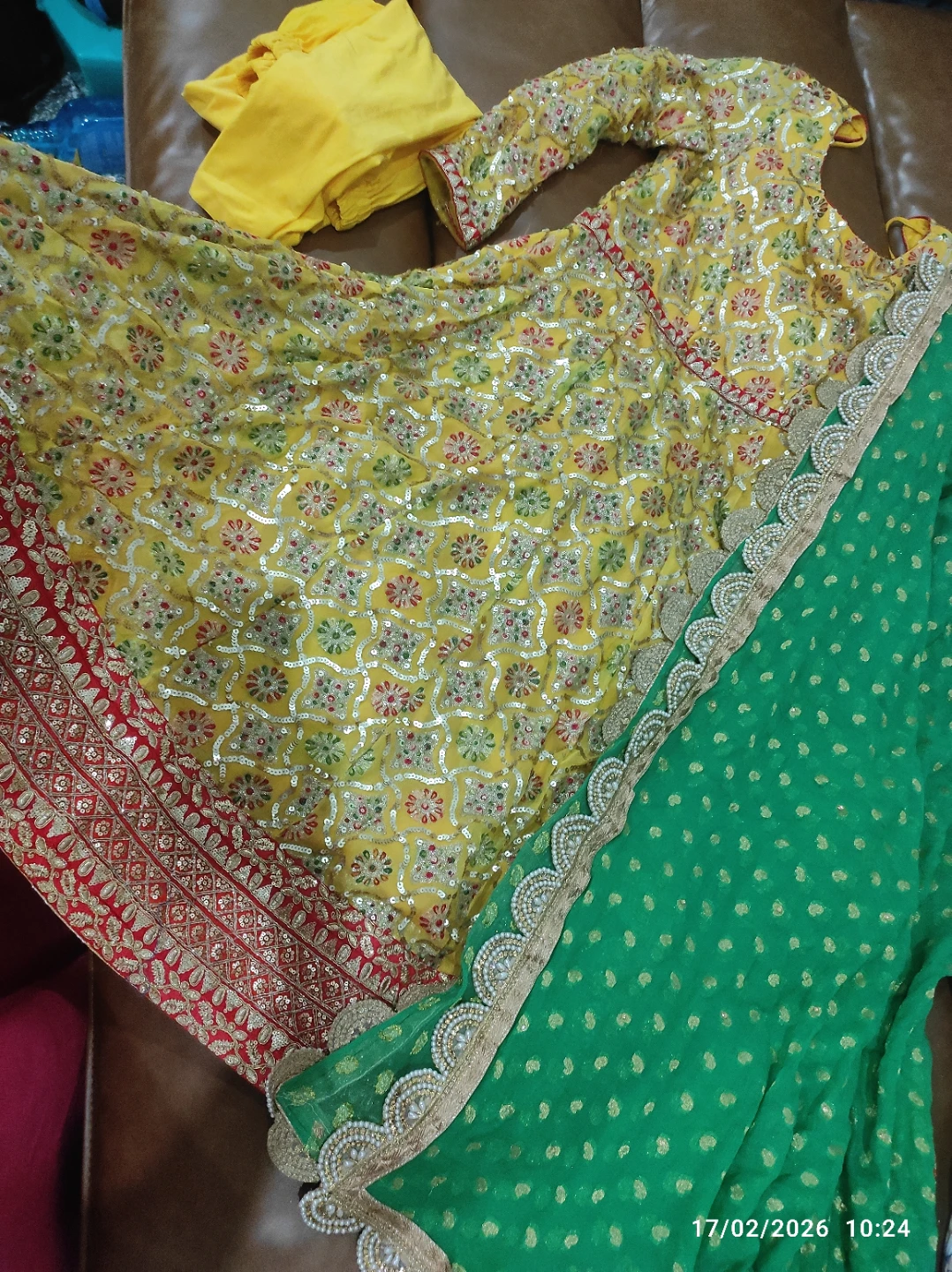 Yellow Sequin Kurti with Green Dupatta and Yellow Pants - photo 4