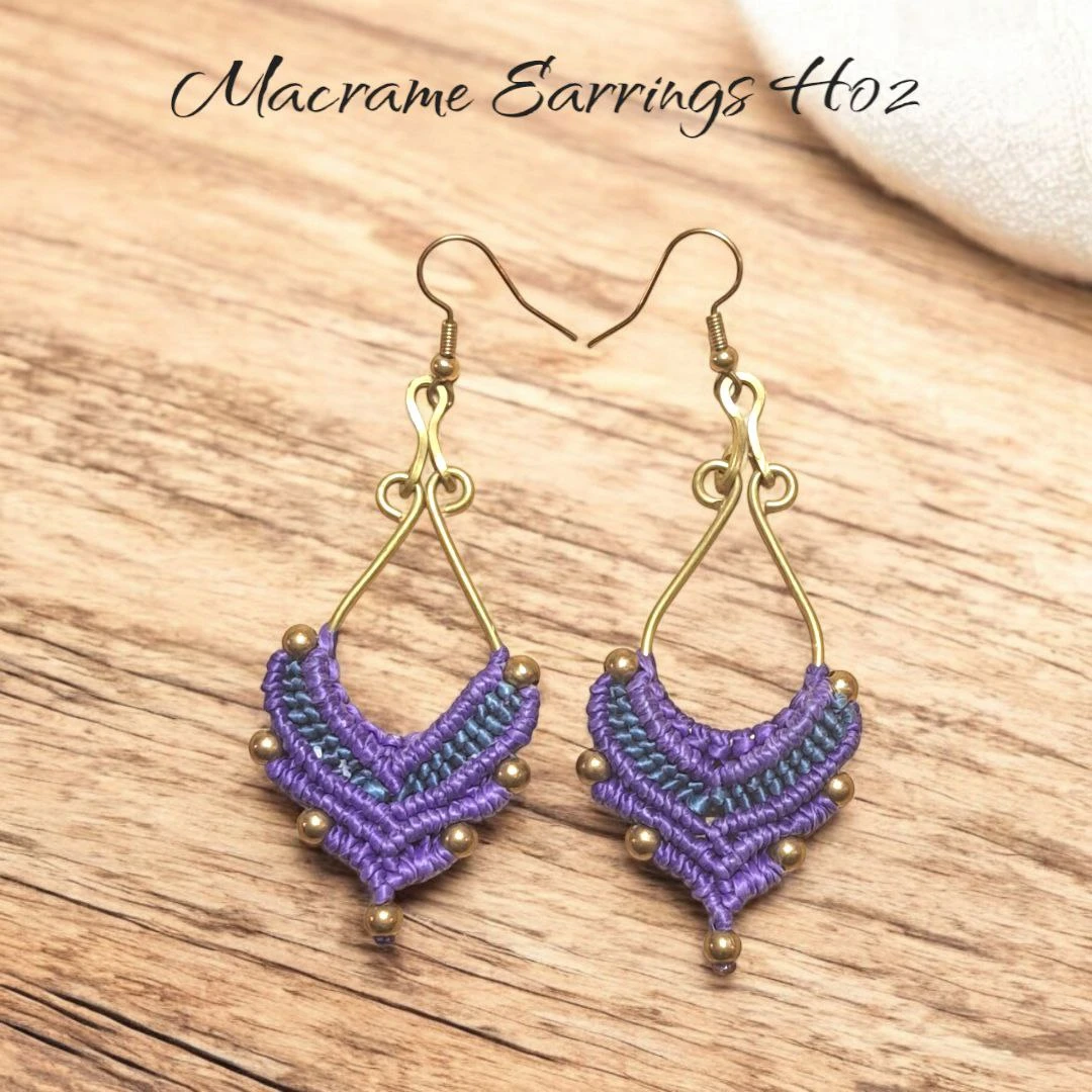Purple Macrame Earrings with Gold Accents H02🏆