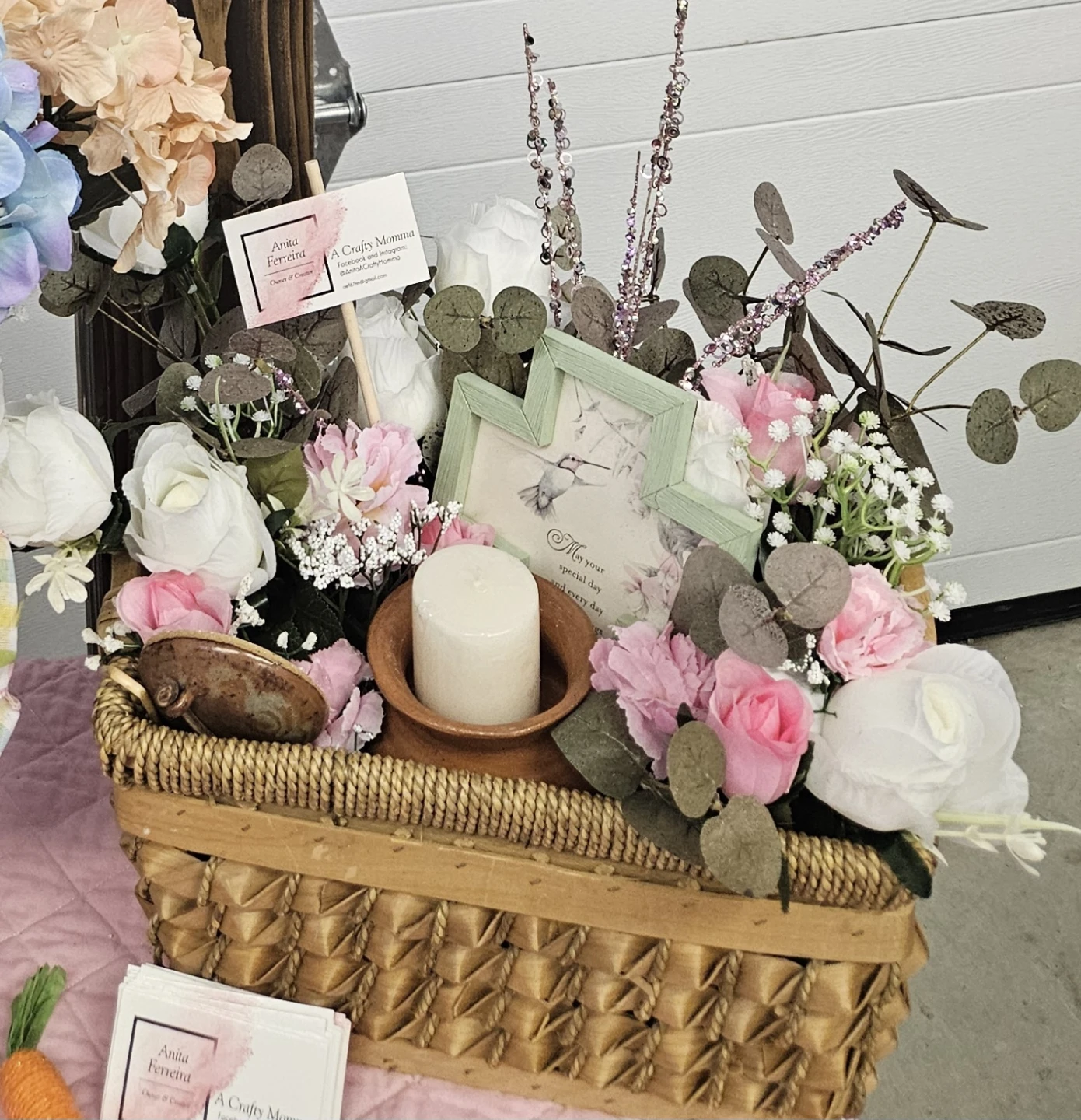 Floral Arrangement Basket with Candle and Cross
