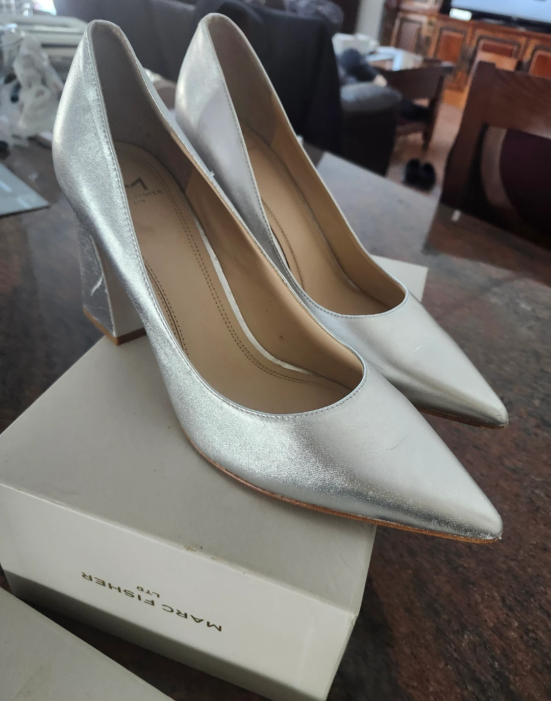 Leather Marc Fisher LTD Silver Leather Pointed Toe Block Heels - photo 5