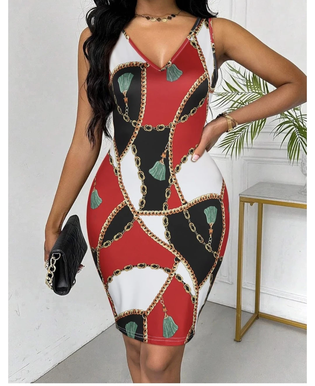 Sleeveless V-Neck Bodycon Dress with Chain Print