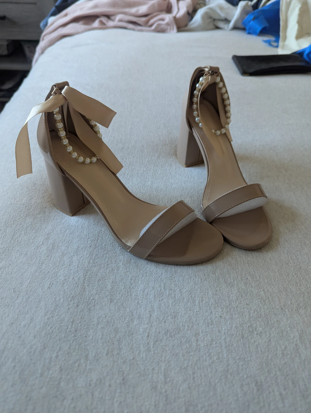 Women's Beige Block Heel Sandals with Pearl Ankle Strap