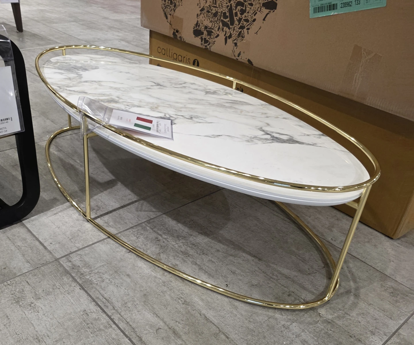 Italian Oval Marble Coffee Table with Brass Frame