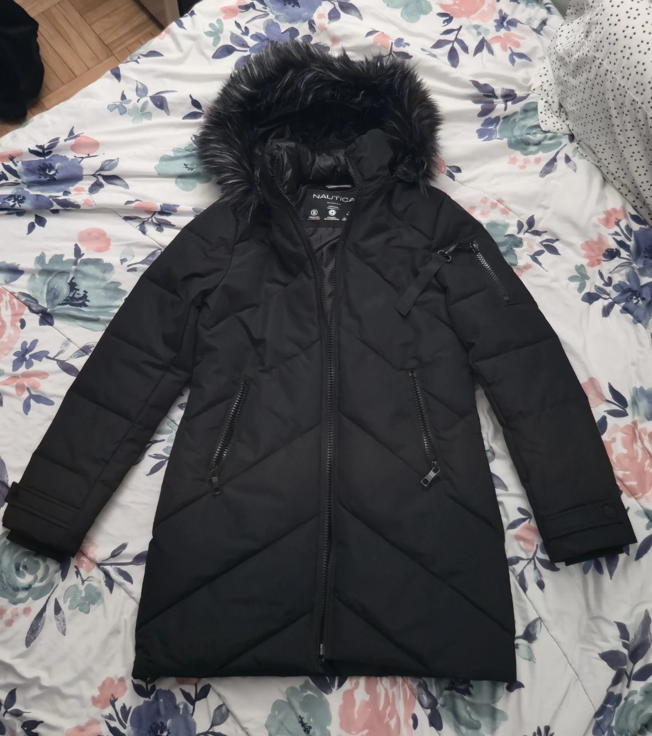 Nautica Black Puffer Coat with Fur Trimmed Hood - photo 2