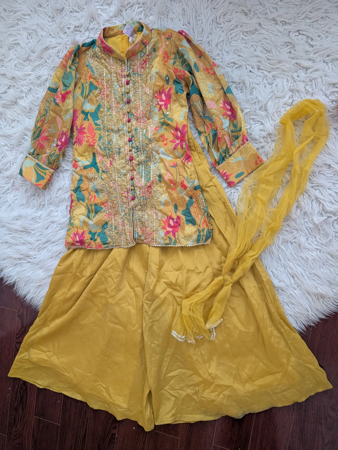 Kids Floral Embroidered Kurta with Palazzo and Dupatta Set