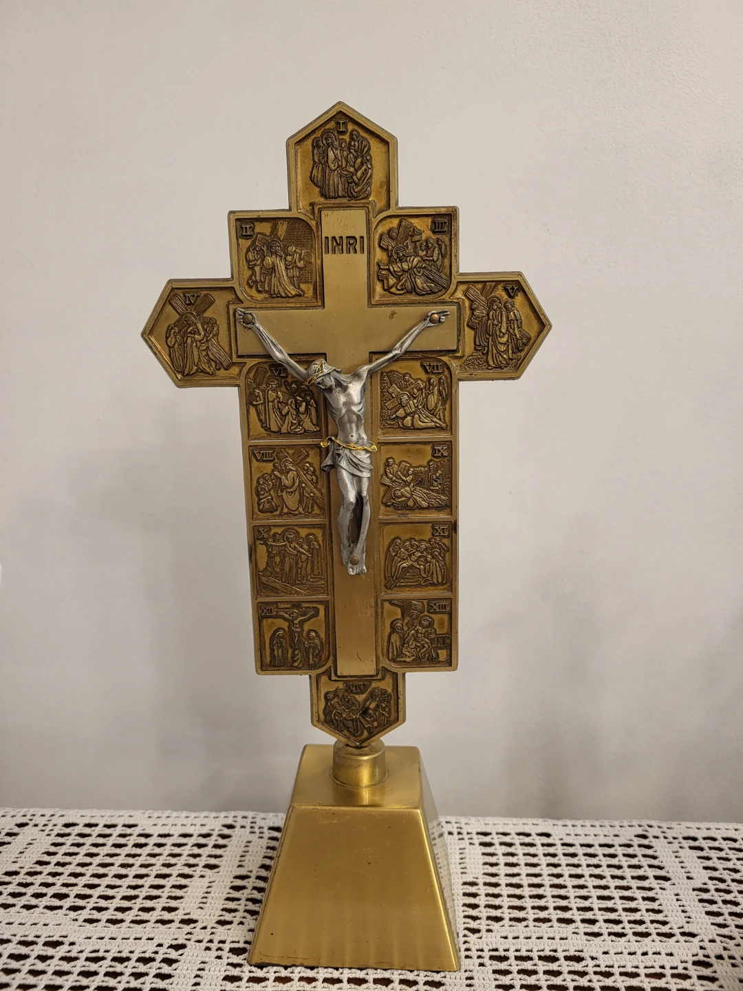 Gold-tone Stations of the Cross Crucifix with INRI plaque