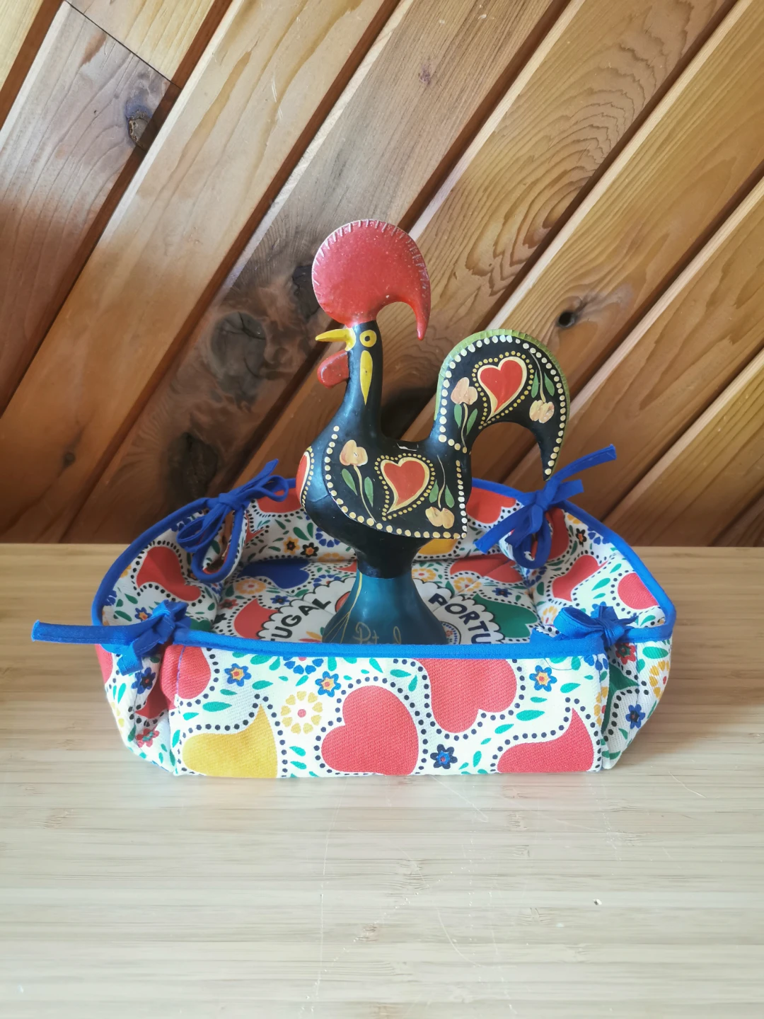 Portuguese Folk Art Rooster and Fabric Basket