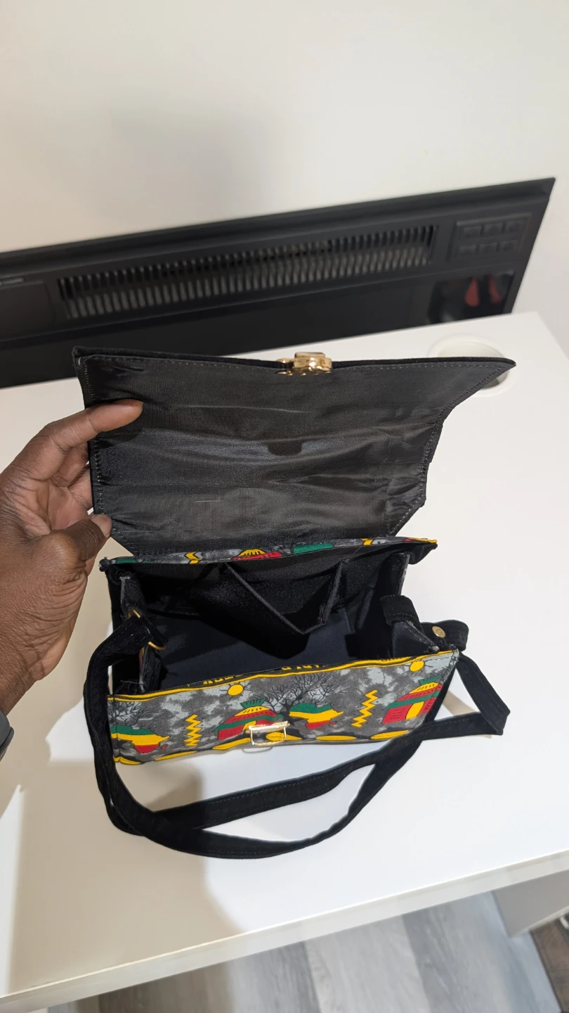 Black Suede and Fabric Shoulder Bag with Pattern - photo 4