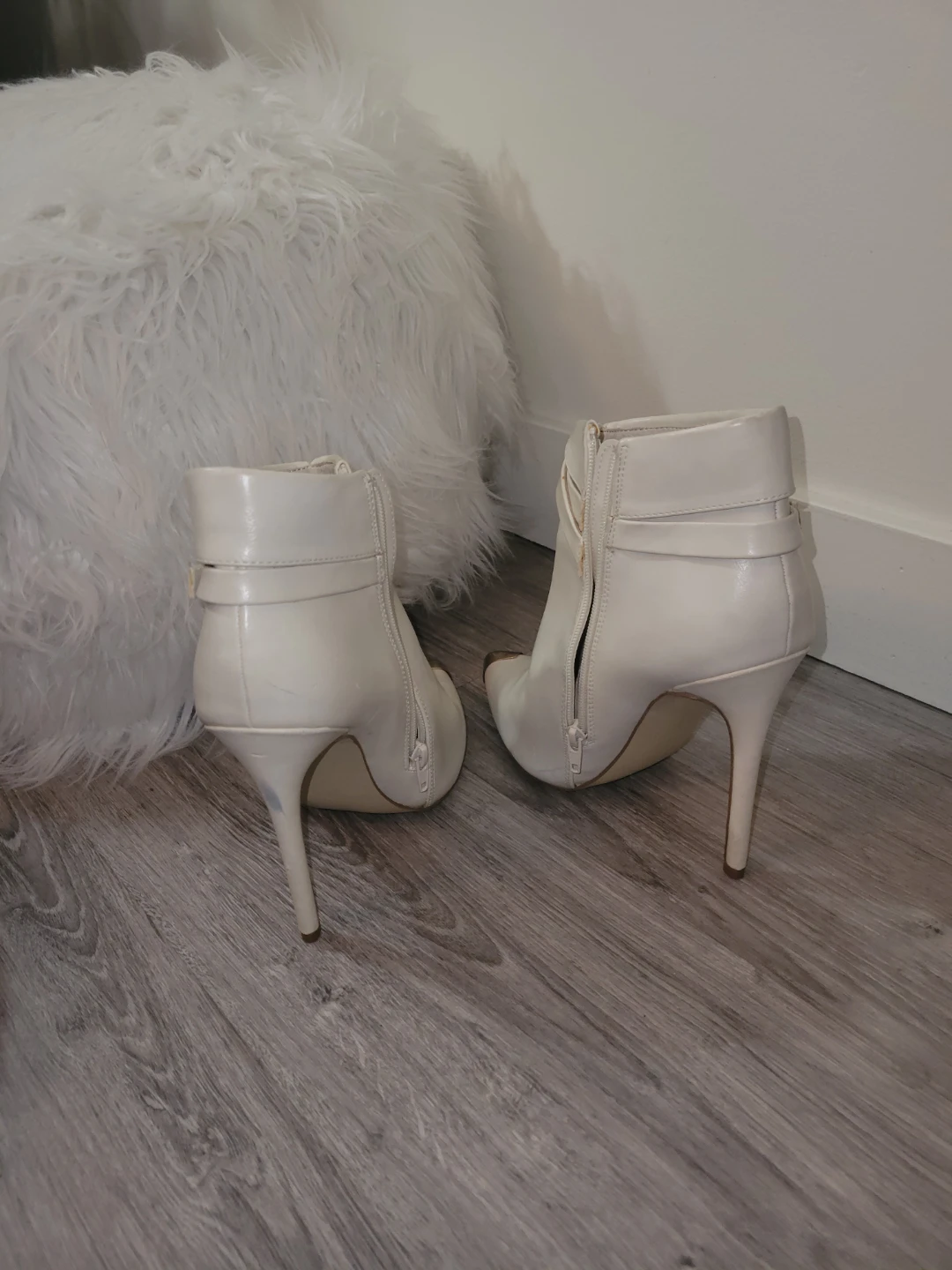 White Ankle Strap Heels with Gold Toe Cap - photo 3