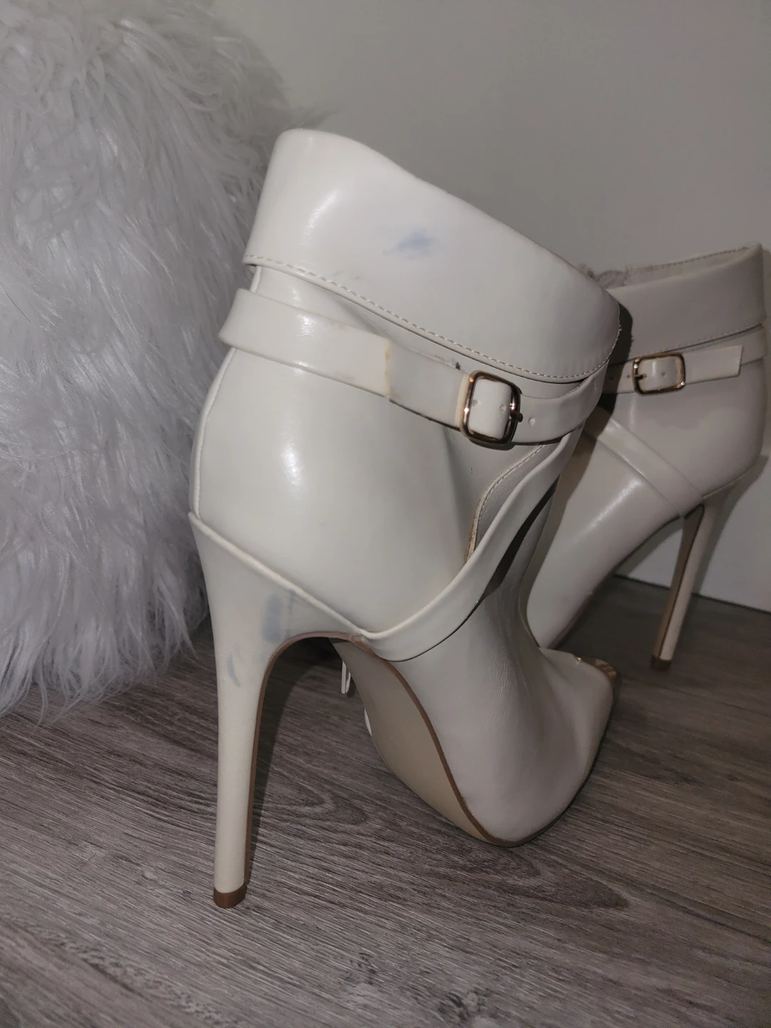 White Ankle Strap Heels with Gold Toe Cap - photo 4