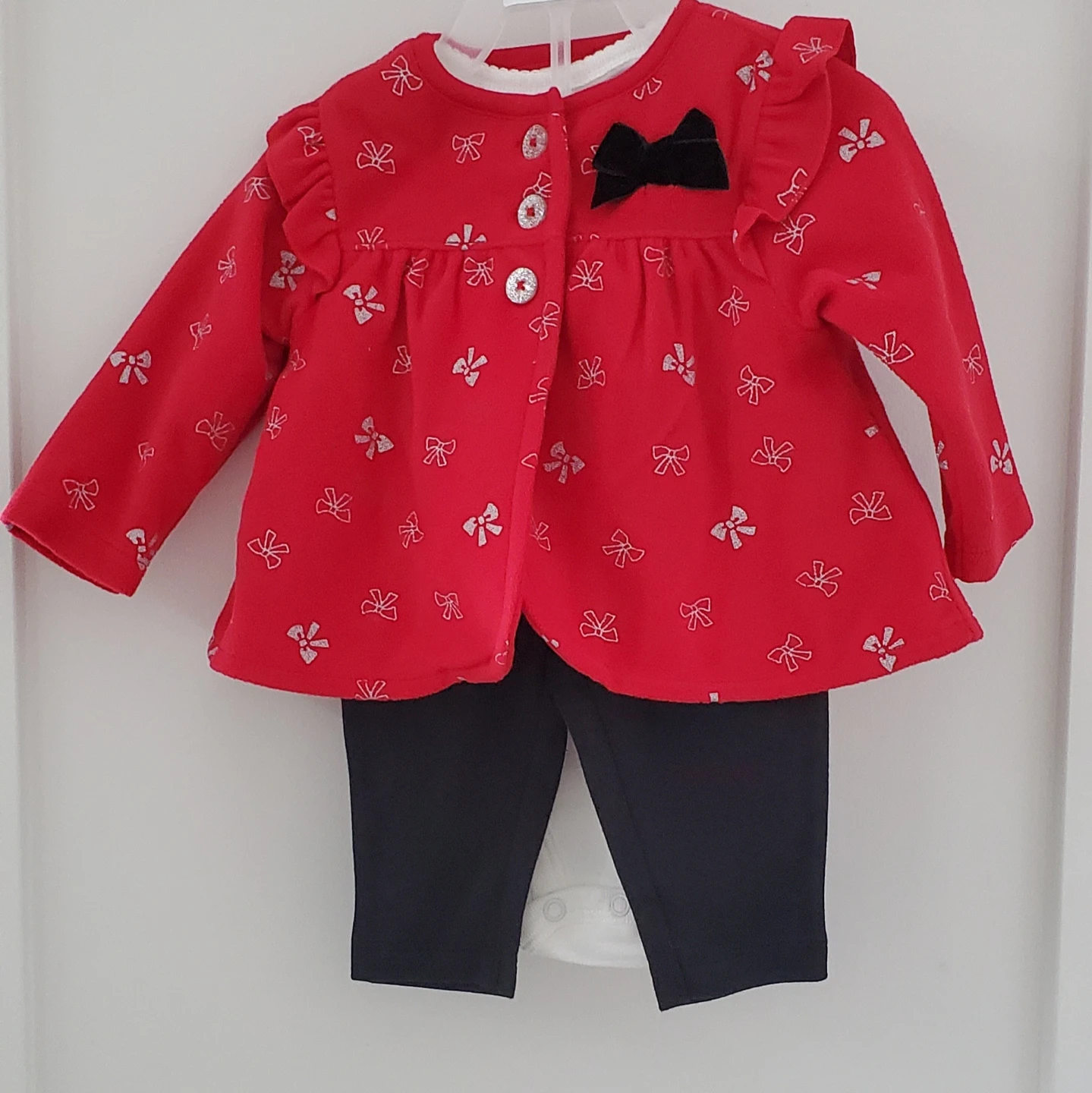 Baby Girl's Outfit - Red Bow Print Cardigan & Black Pants