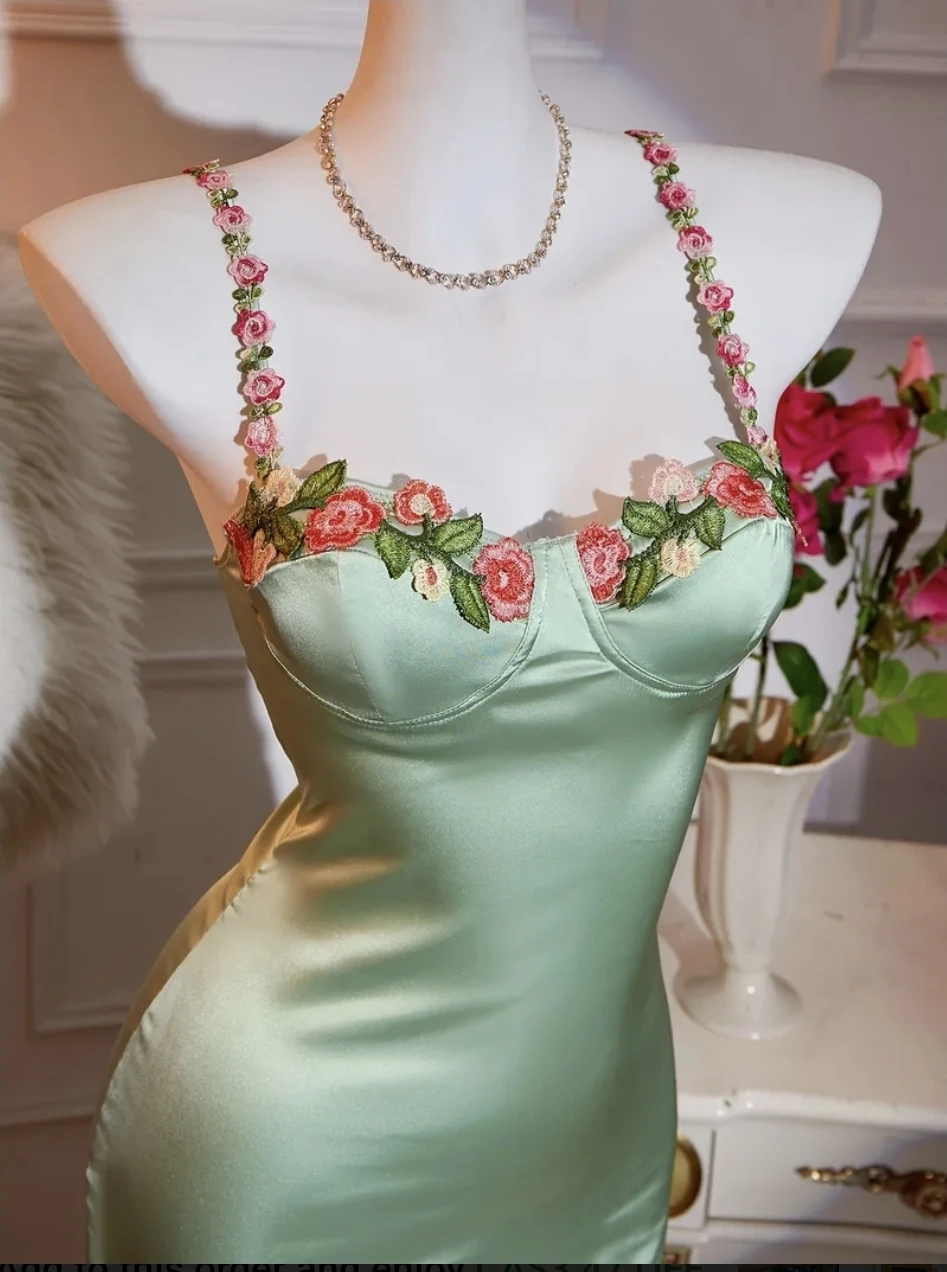 Light Green Satin Slip Dress with Floral Straps 🏆 - photo 3